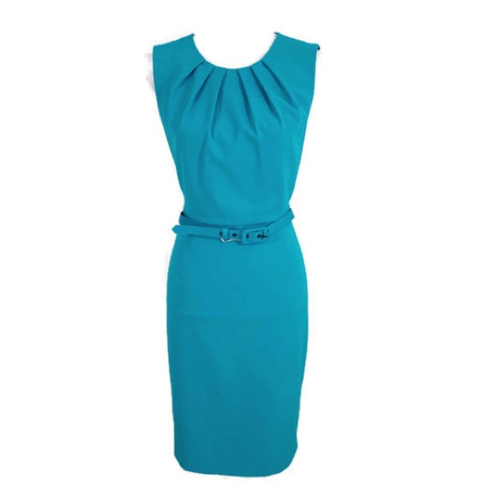 Nine West teal pleated collar belted sheath dress